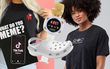 A TikTok-inspired gift guide consists of white crocs, a karaoke microphone, and a collaboration tee ...