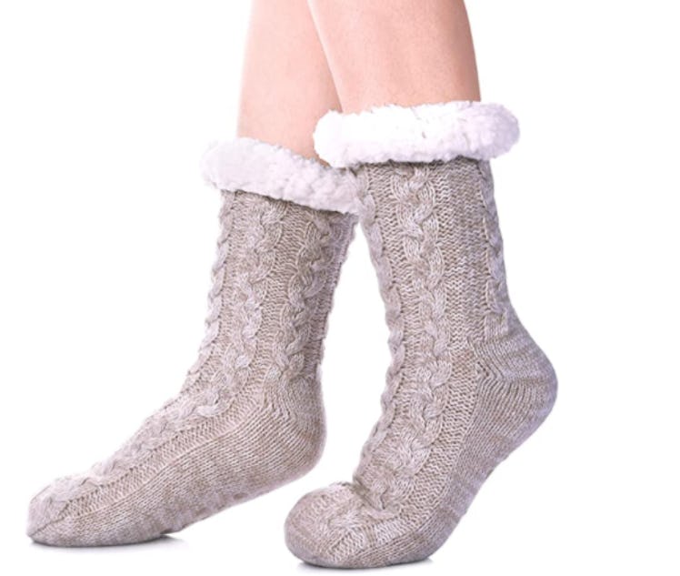 SDBING Fleece-Lined Slipper Socks With Grippers