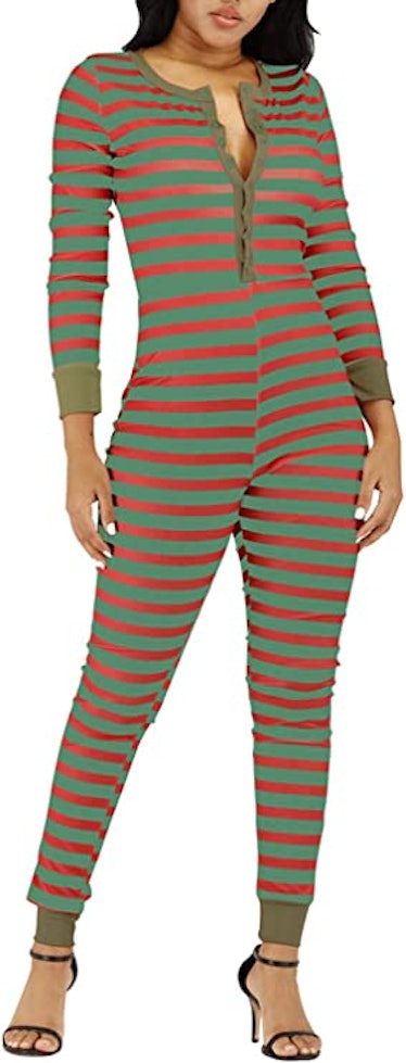 VNVNE Women's Petite Ugly Christmas Onesie Stripe Print One Piece Pajamas