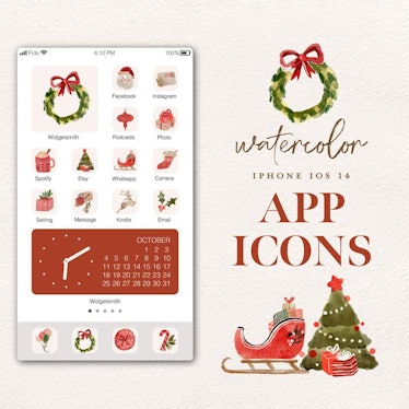 Santa Clause & Reindeer Watercolor iOS 14 Home Screen Pack
