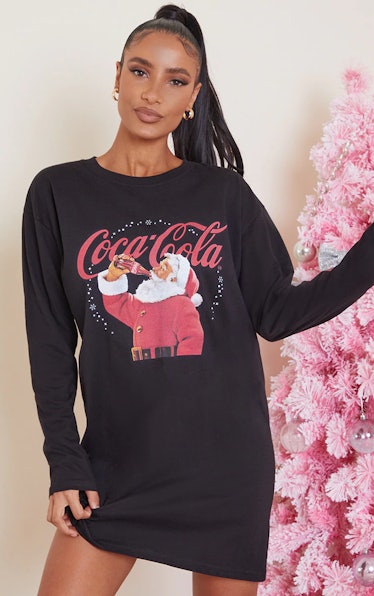 PrettyLittleThing Black Santa Cola Slogan Long Sleeve T Shirt Dress