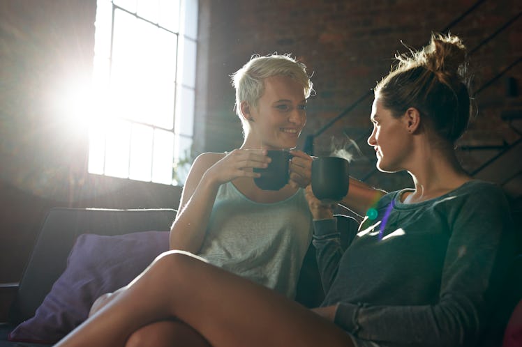 Lesbian couple drinking tea