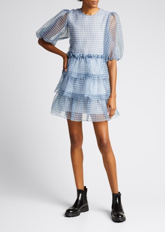 Check Organza Puff-Sleeve Tiered Ruffle Mini Dress