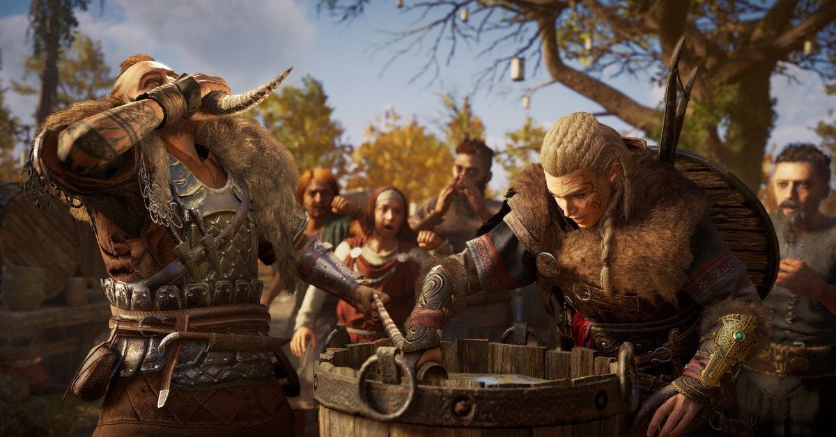 an image from Assassin's Creed: Valhalla that shows a character drinking