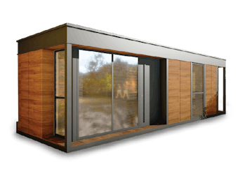 The Nestron tiny home, Legend Two X, can be seen in front of a plain background. The smart house is ...