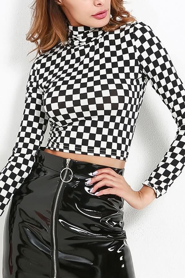Y's HAND PAINTED PLAID PRINT CROPPED T 黒 Y's HAND PAINTED PLAID PRINT CROPPED T 黒 Checkered Crop Top