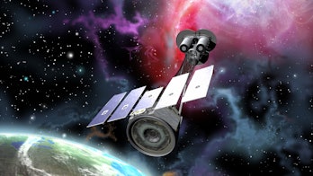 NASA IXPE satellite in orbit around Earth, with colorful effects that imply X-rays