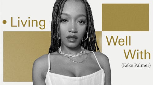 Keke Palmer in a light corset, layered necklaces and earrings and the text 'Living Well With (Keke P...