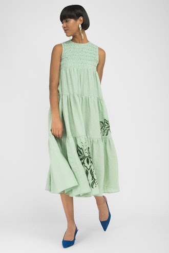 SIMENA Mint Green Linen Midi Dress