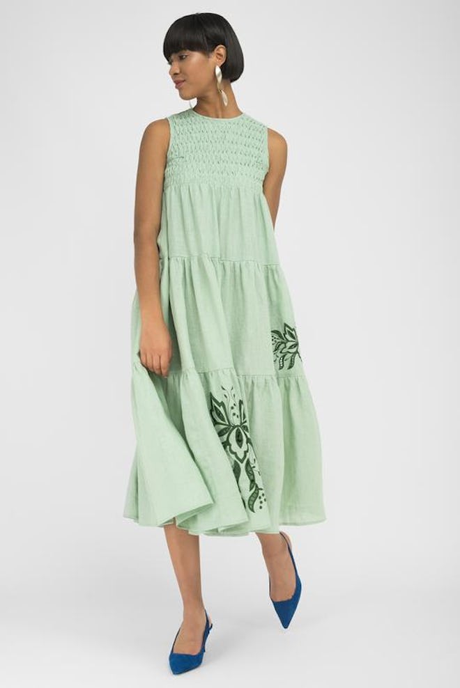 SIMENA Mint Green Linen Midi Dress