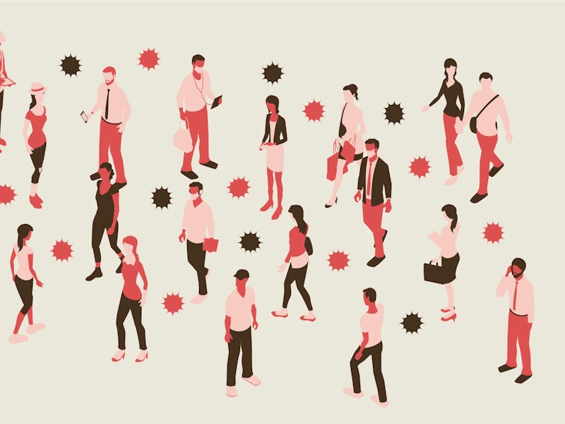 People walking around shown transmitting a virus to each other.