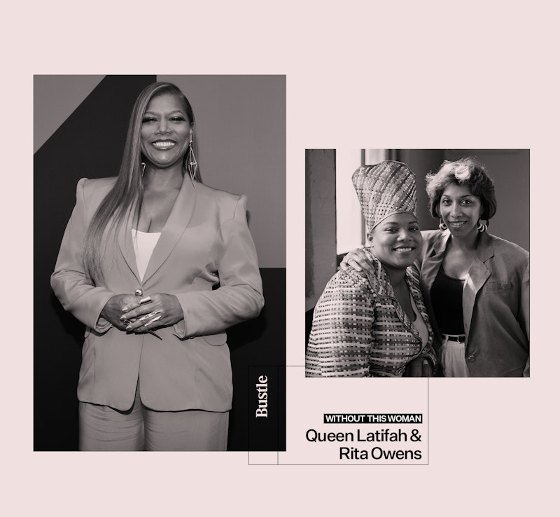 Queen Latifah in a shirt and a formal jacket in black and white and with Rita Owens