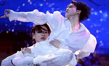 Jungkook lifted Jimin during BTS' "Black Swan" performance at the 2020 Melon Music Awards.
