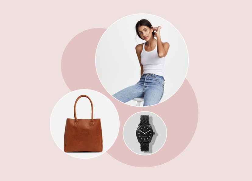 A brown Merkato Signature Tote bag, Re/Done 70s stove pipe jeans, and a black 002 ocean plastic watc...