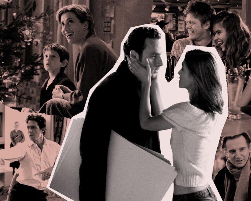 A collage of Love Actually film stills with all of the cast members