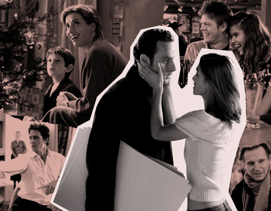 A collage of Love Actually film stills with all of the cast members