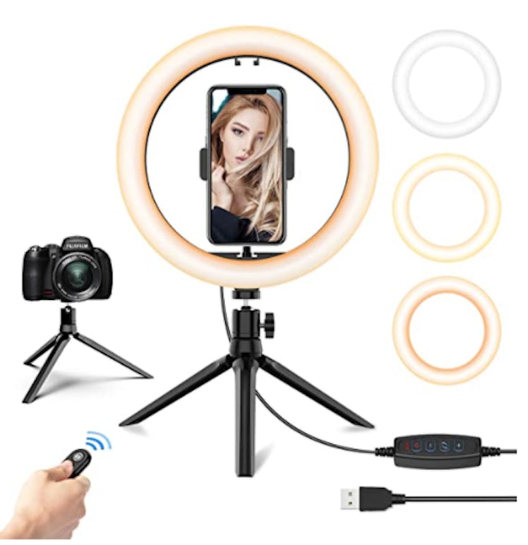 10.2'' LED Selfie Ring Light with Tripod Stand & Phone Holder - Dimmable Desk Makeup Ring Light with...