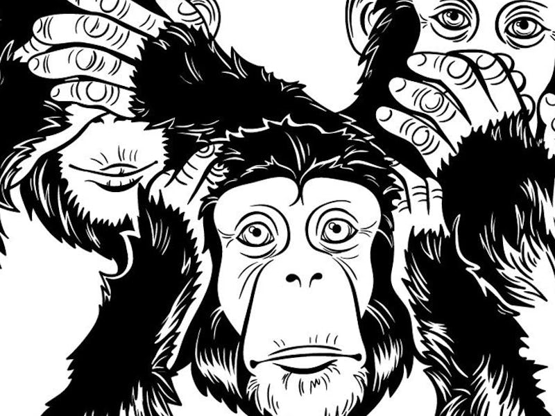 Illustration of silent monkey, monkey covering his ears and monkey covering his eyes.
