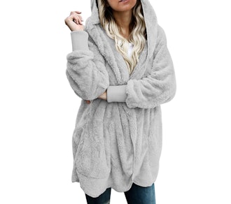 This oversize, plush cardigan sweatshirt is supremely soft and cozy.