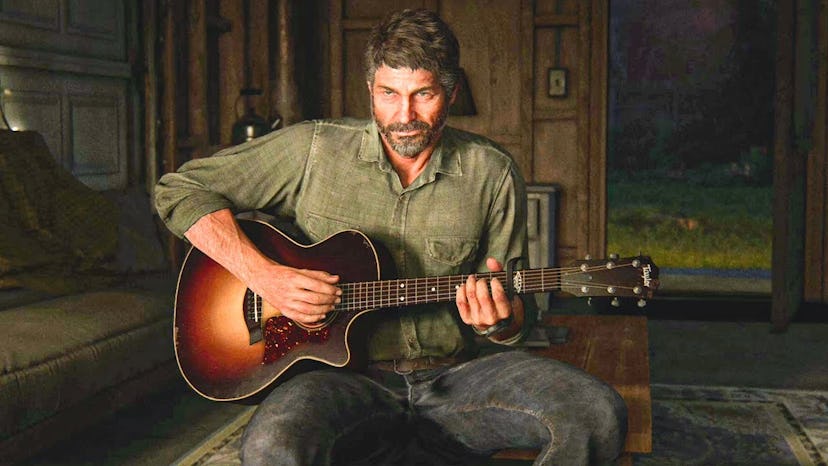 Joel Miller playing a guitar in The Last of Us by Naughty Dog video game