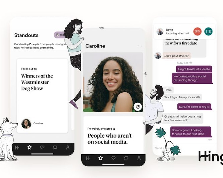 Demo of Hinge's new features: Standouts and Roses on triad of phones