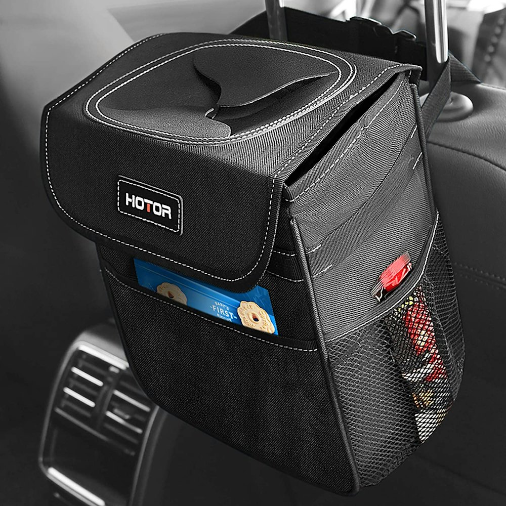 HOTOR Car Trash Can with Lid and Storage Pockets