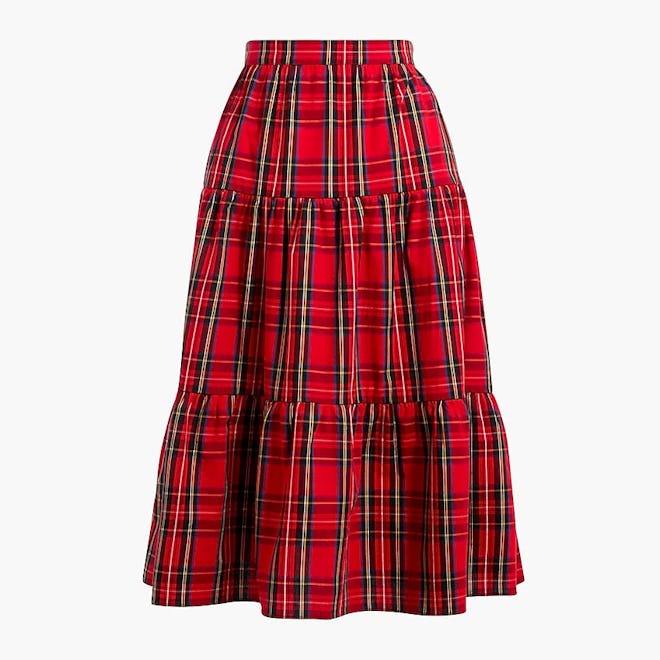 Three-tier tartan midi skirt