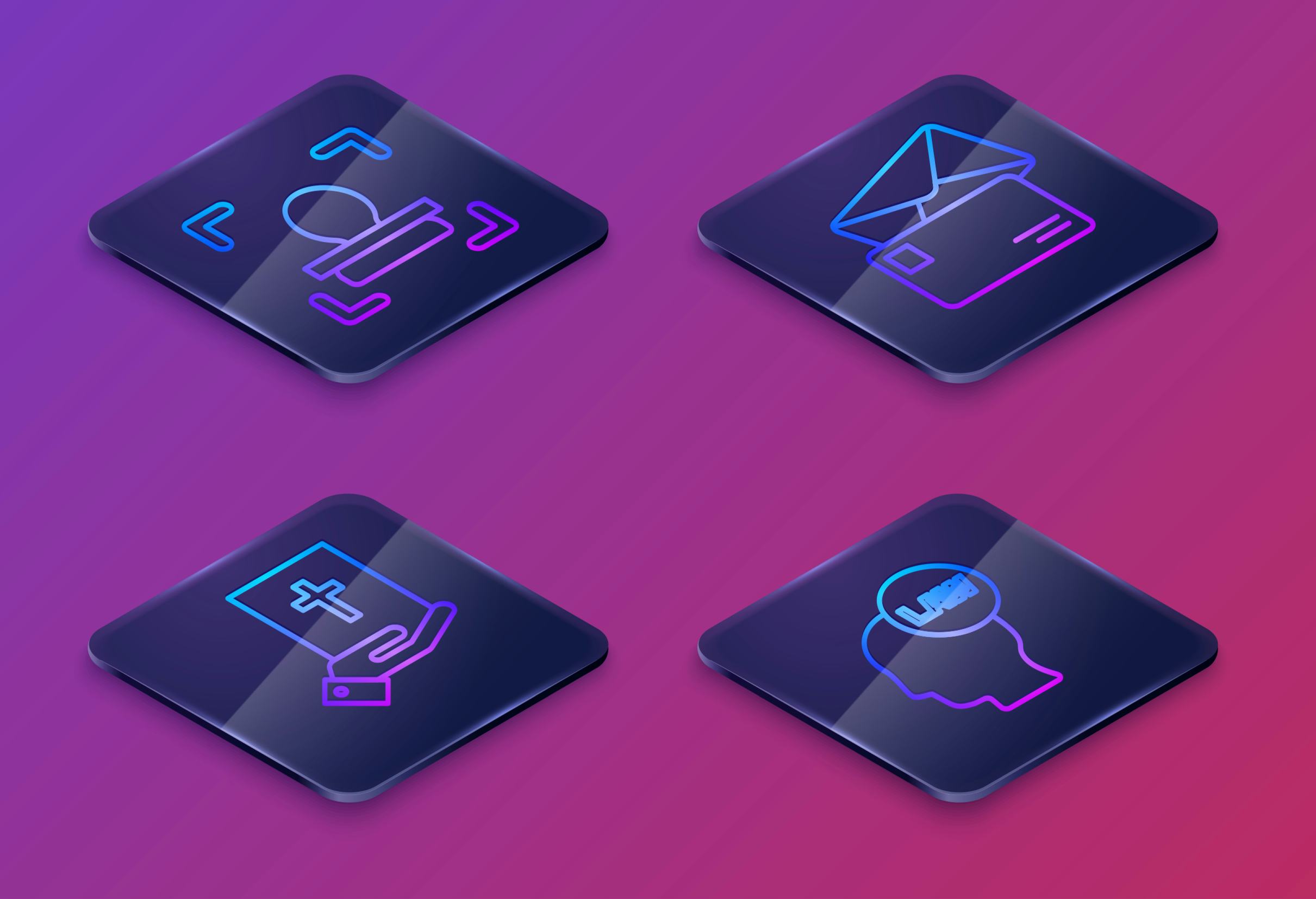 Set Isometric line Face recognition, Oath on the Holy Bible, Envelope and Head with law. Blue square...