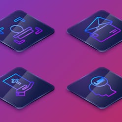 Set Isometric line Face recognition, Oath on the Holy Bible, Envelope and Head with law. Blue square...