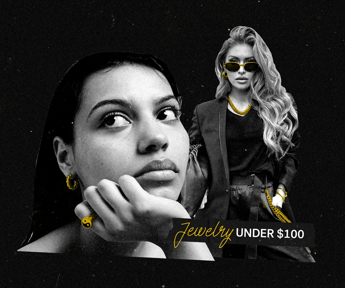 Two women in black and white with gold highlighted jewelry including earrings, ring, chains and neck...