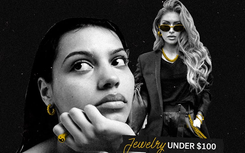 Two women in black and white with gold highlighted jewelry including earrings, ring, chains and neck...