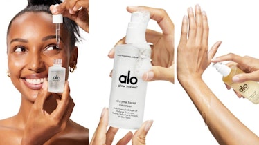 Alo Yoga's new skincare line, the Glow System, shown in product images.