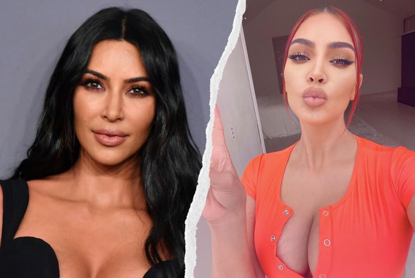 A collage photo of Kim Kardashian, on left with black hair and on the right red-haired taking a self...