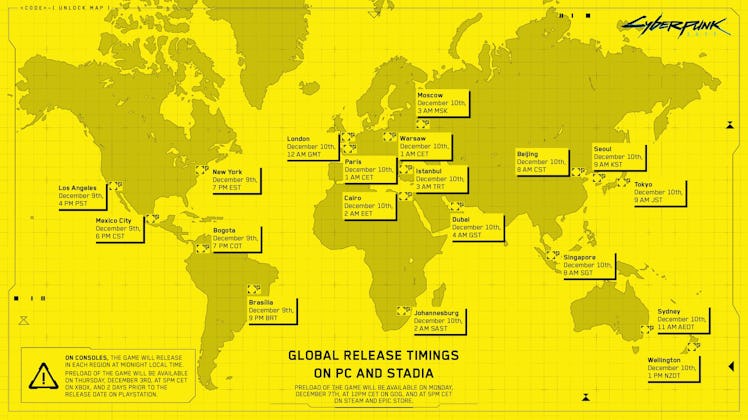 A map of the 'Cyberpunk 2077' global launch times.