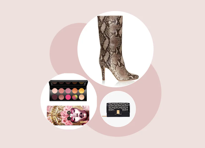 Luxury Gifts To Treat Yourself including crocodile boots, a purse and a makeup kit