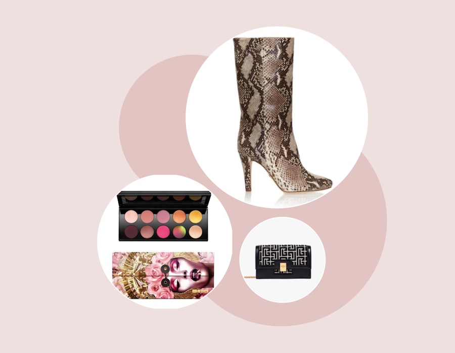 Luxury Gifts To Treat Yourself including crocodile boots, a purse and a makeup kit