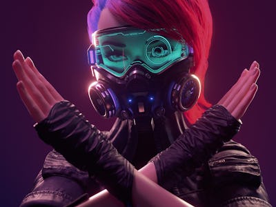 A character from Cyberpunk 2077 with pink hair and a gas mask, crossing her arms 