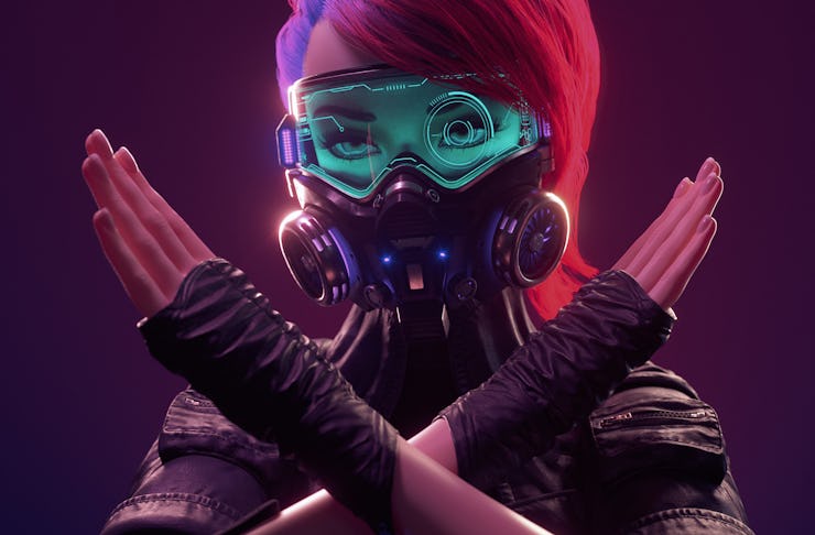 A character from Cyberpunk 2077 with pink hair and a gas mask, crossing her arms 