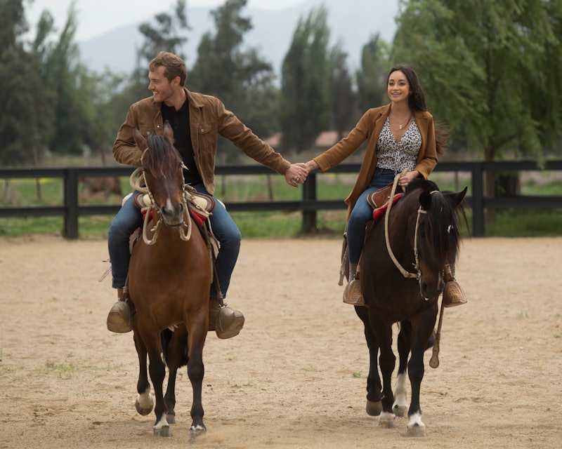 Peter and Victoria F. riding horses on The Bachelor