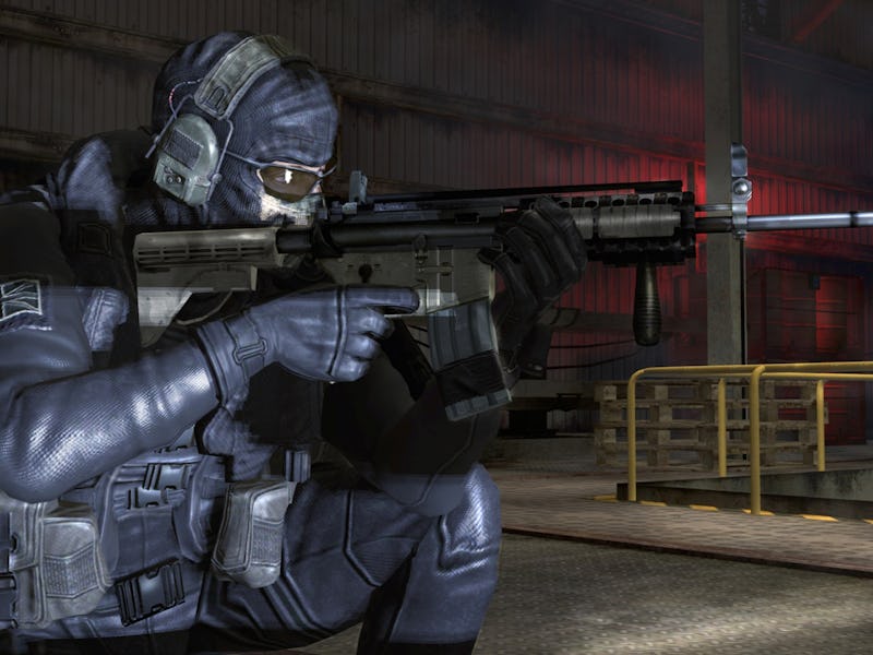 A character in Call of Duty: Modern Warfare wearing headphones and a ski mask, aiming to shoot 