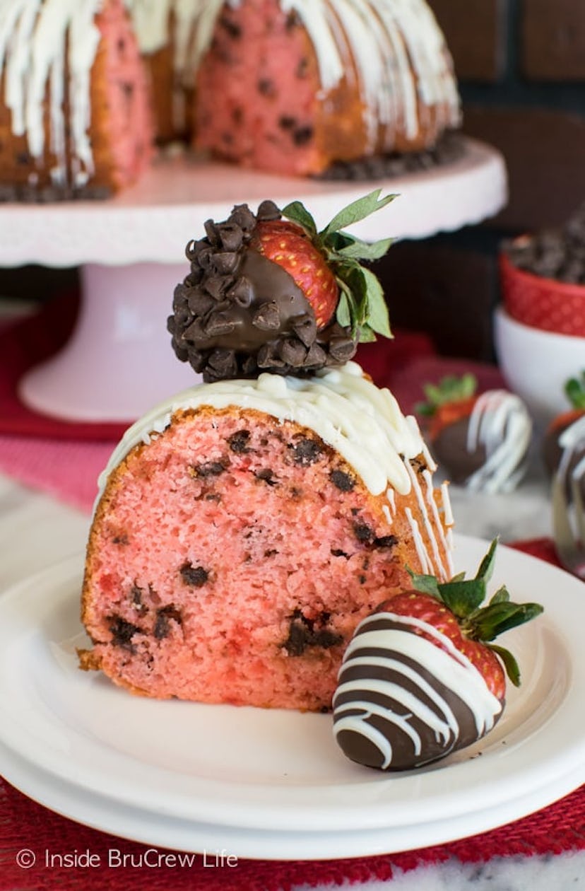 This recipe for Strawberry Chocolate Chip Bundt Cake is a Pinterest-worthy way to celebrate Valentin...
