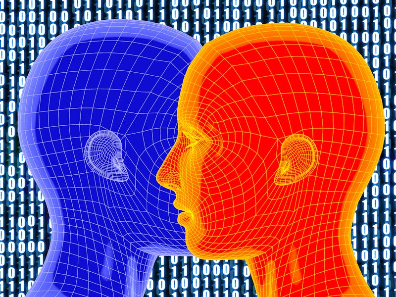 An orange human head and a blue human head facing each other
