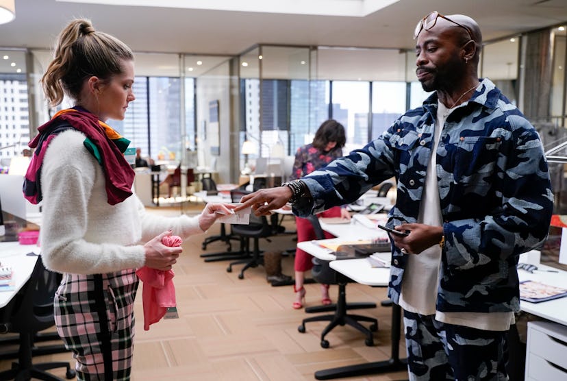 Meghann Fahy as Sutton Brady and Stephen Conrad Moore as Oliver Grayson at athe office