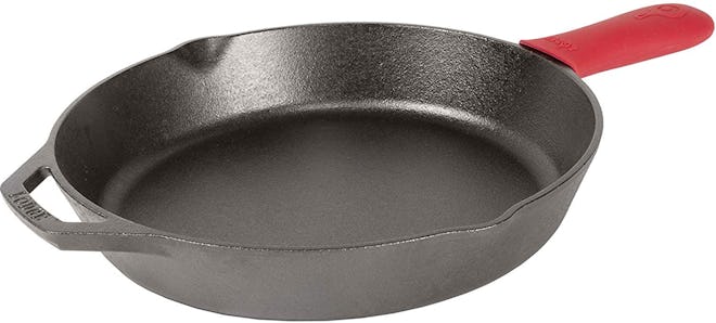 Lodge 12-Inch Pre-Seasoned Cast Iron Skillet with Red Silicone Hot Handle Holder