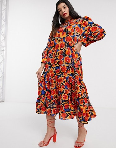 ASOS Never Fully Dressed Plus frill neck swing midaxi dress in contrast floral print