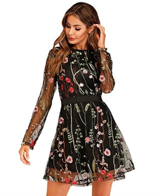 Milumia Women's Round Neck Floral Embroidered Mesh Long Sleeve Dress