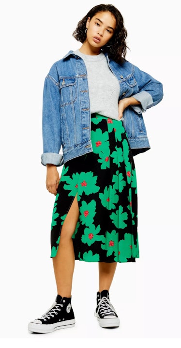 Topshop PETITE Green And Black Floral Pleat Midi Skirt