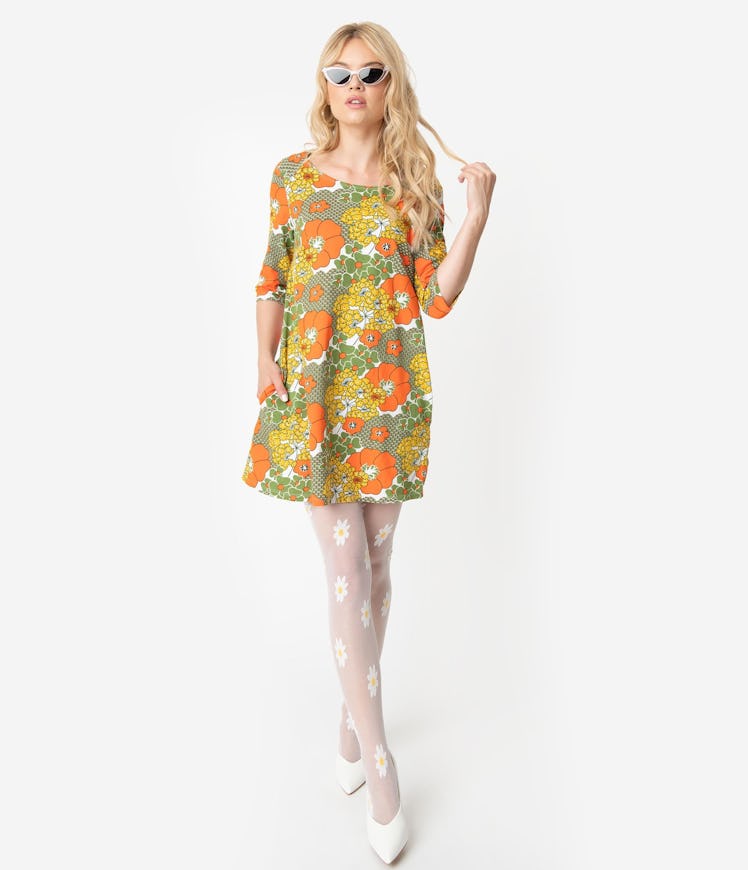 Unique Vintage 1960s Style Olive Green & Orange Retro Floral Print Cotton Tunic Dress