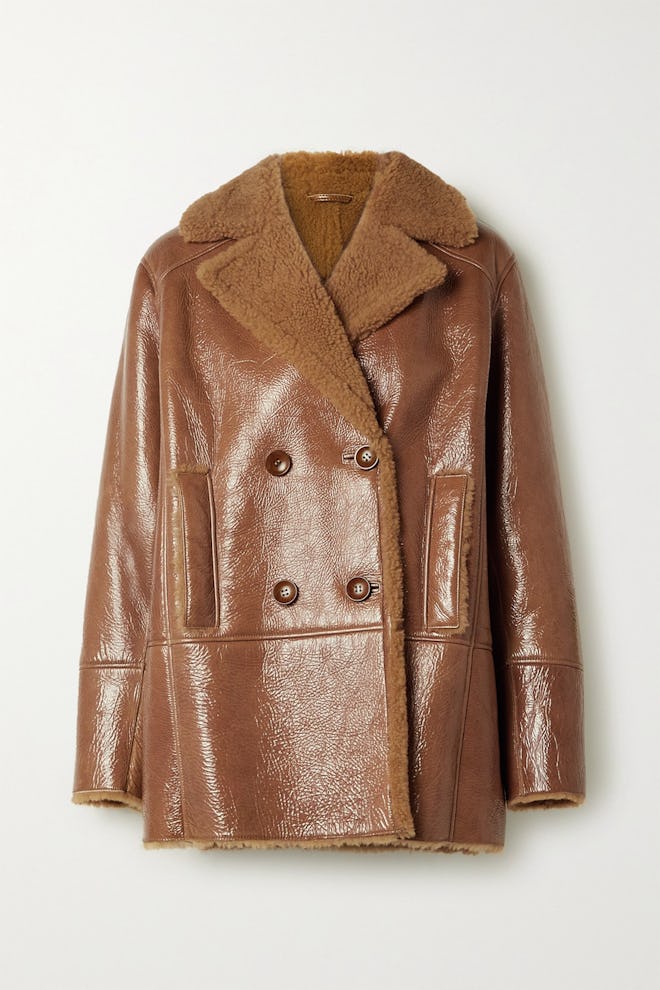 Ray Double-Breasted Shearling-Lined Glossed Textured-Leather Jacket