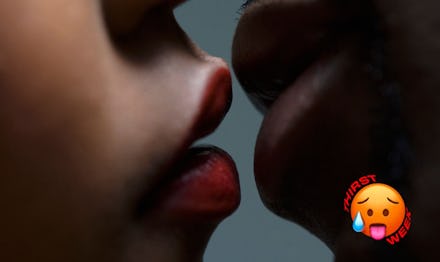 A close-up of a woman's and a man's lips about to kiss with the sweating emoji